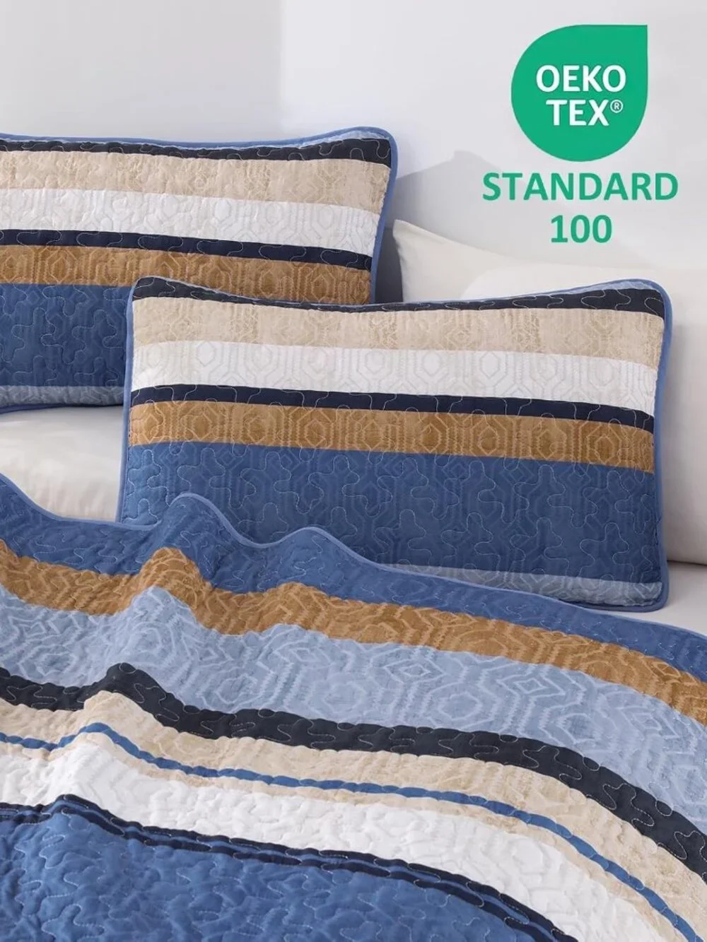 Boho Blue Striped All-Season 3-Piece Quilt Bedding Set